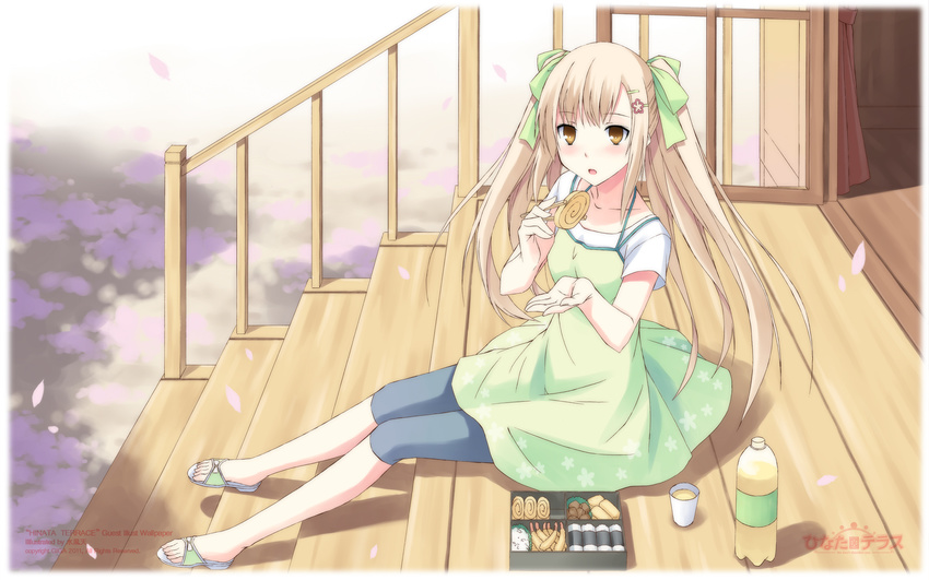 blonde_hair blush border chopsticks cup dress fading_border food hair_ornament hair_ribbon hairclip highres hinata_terrace kajiwara_hina long_hair mikaze_takashi obentou petals ribbon shoes sitting solo stairs twintails wallpaper yellow_eyes