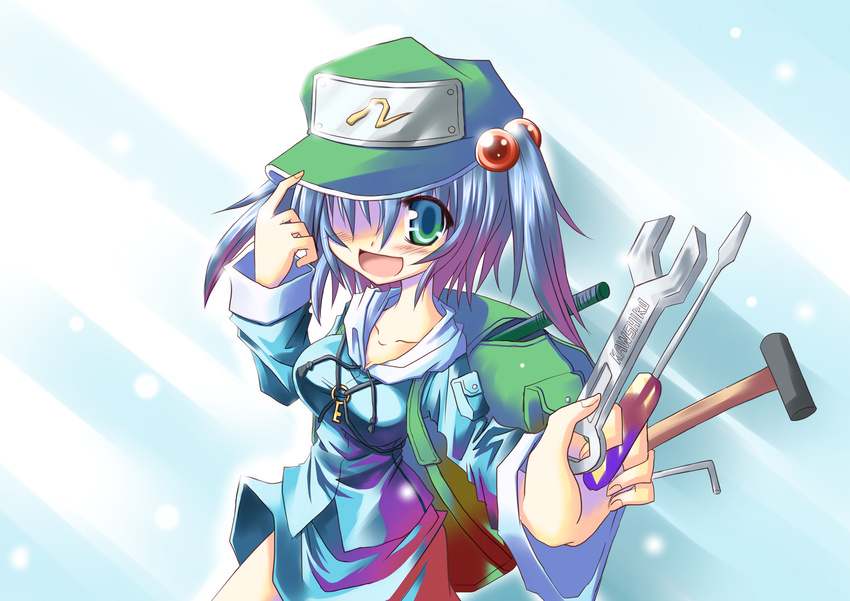 allen_wrench backpack bag blue_eyes blue_hair blush combination_wrench foreshortening hair_bobbles hair_ornament hair_over_one_eye hammer hand_on_headwear hat highres kawashiro_nitori key open_mouth screwdriver short_hair smile solo touhou two_side_up wrench yuuji_(itadon)