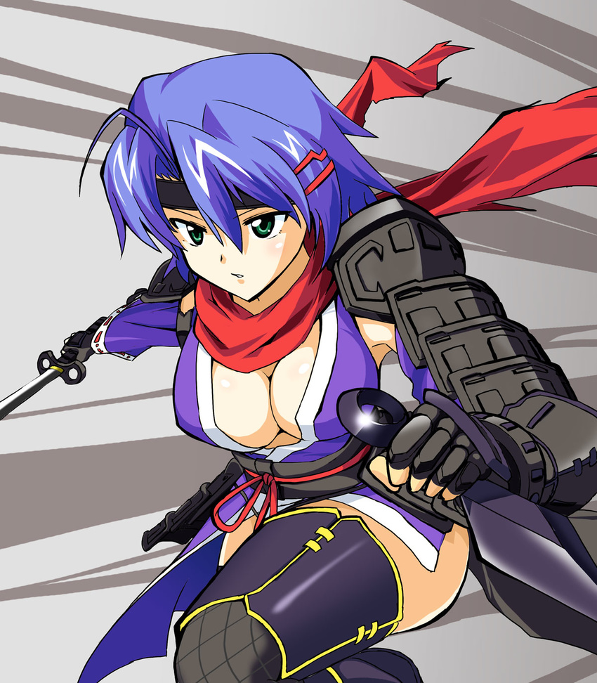 blue_hair breasts cleavage green_eyes hattori_junko headband highres ichiban_ushiro_no_daimaou kashiyuki large_breasts ninja short_hair solo sword thighhighs weapon