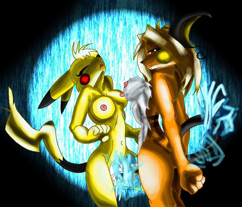 arched_back blonde_hair breasts couple cum electricity eyes_closed face_markings female funky_background gasp hair insertion lesbian long_blonde_hair long_hair looking_at_viewer masturbation navel nipples open_mouth orgasm penetration pikachu pok&eacute;mon pok&eacute;morph pussy raichu red_eyes sex shocking tail tail_sex unknown_artist vaginal vaginal_penetration