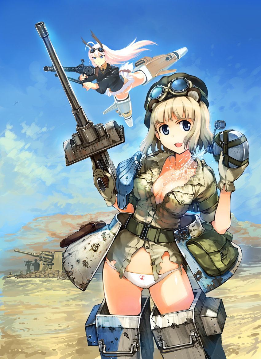 animal_ears bad_id bad_pixiv_id blue_eyes breasts cecilia_glinda_miles cleavage gloves goggles gun hanna-justina_marseille hat highres long_hair medium_breasts multiple_girls nogami_takeshi open_clothes open_shirt panties shirt short_hair sleeves_rolled_up striker_unit underwear water weapon witches_of_africa world_witches_series