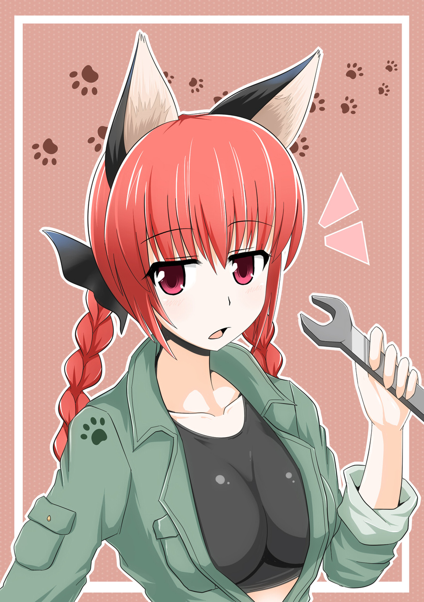 absurdres animal_ears bow bra braid breasts cat_ears hair_bow highres kaenbyou_rin large_breasts lingerie mechanic open_clothes open_mouth open_shirt pokooooo red_eyes red_hair shirt short_hair sleeves_rolled_up solo sports_bra touhou twin_braids twintails underwear wrench