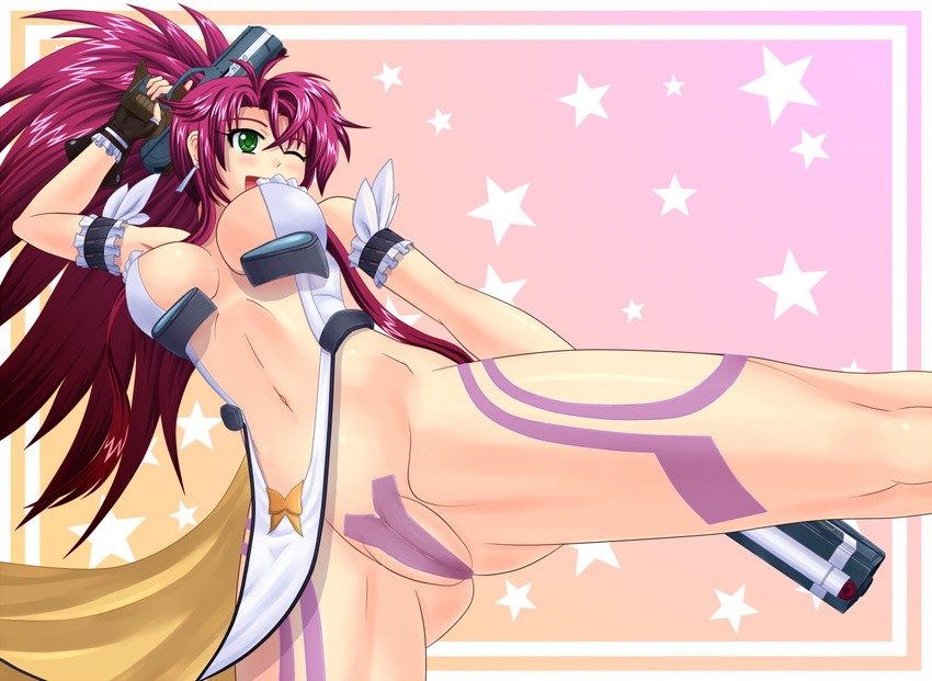 bare_shoulders blush breasts dual_wielding earrings fighting_stance green_eyes gun handgun himeki_luna holding jewelry kicking large_breasts legs long_hair maebari navel one_eye_closed partially_visible_vulva ponytail purple_hair red_hair revealing_clothes smile solo standing standing_on_one_leg tattoo trigger_discipline vanguard_princess weapon wiz_(shadow)