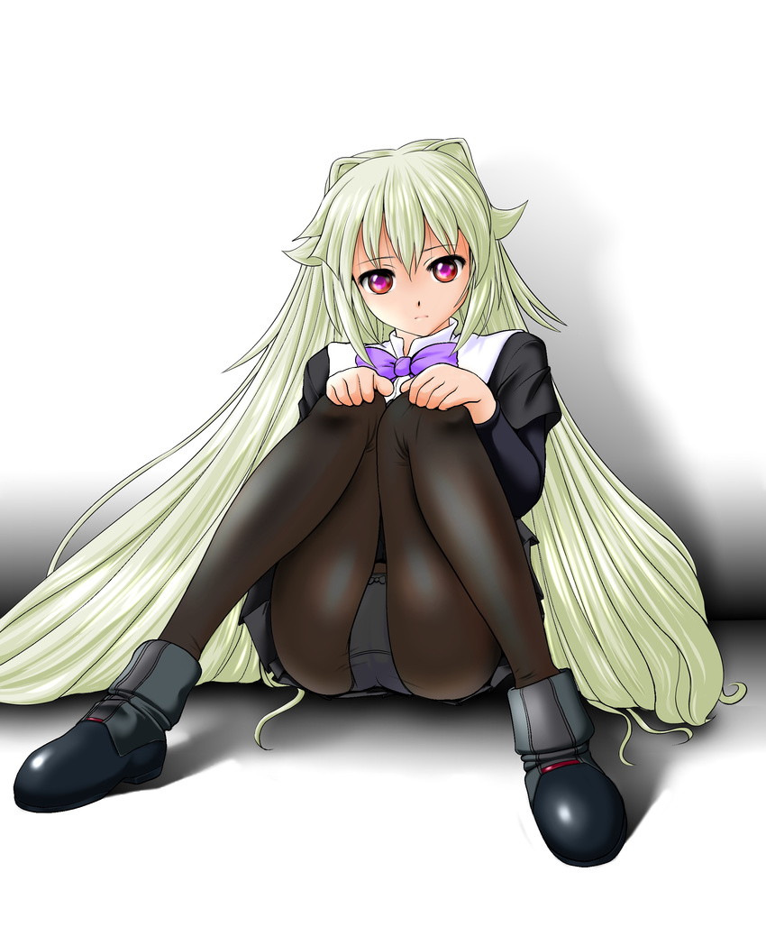 absurdres aq_interactive arcana_heart arcana_heart_3 atlus boots bow bowtie examu highres long_hair panties pantyhose see-through sitting underwear weiss white_panties