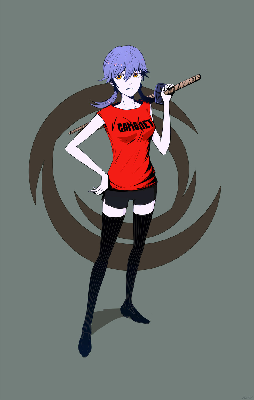 absurdres arsenixc black_legwear clothes_writing cyrillic hand_on_hip highres narutaru purple_hair russian shinai shirt short_hair shorts simple_background smile solo sword t-shirt tamai_shiina thighhighs twintails weapon yellow_eyes