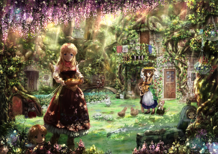 apron bird blonde_hair blue_eyes bridge bug butterfly cat chick chicken child detached_sleeves door dress duck fairy fairy_wings fantasy fishing fishing_rod flower food fruit highres insect light_rays miyai_haruki multiple_girls nature original scenery smile squirrel stairs stream sunbeam sunlight village wings