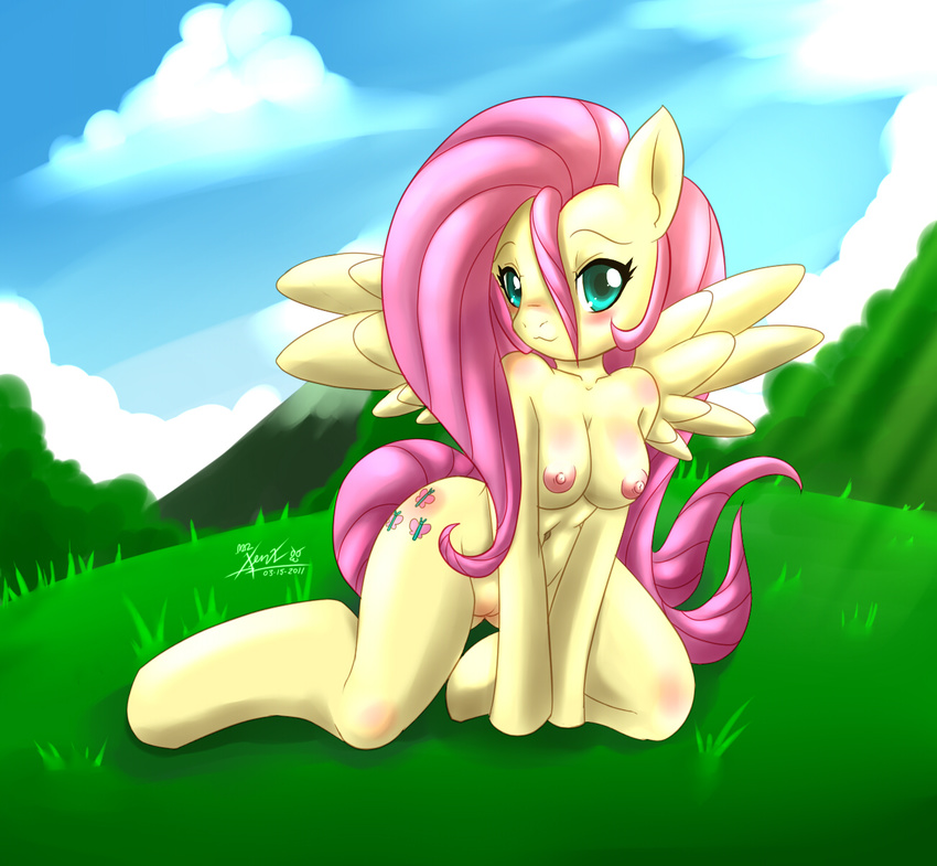 anthrofied blush breasts cloud cute cutie_mark equine female fluttershy_(mlp) friendship_is_magic fur grass green_eyes hair long_hair looking_at_viewer mammal mnxenx001 my_little_pony nipples nude outside pegasus pink_hair pussy seduction solo wings yellow_fur