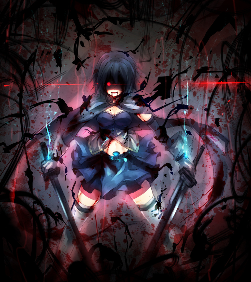 blood blood_stain blue_hair cape dark dual_wielding gloves glowing glowing_eye hair_over_one_eye highres holding light_smile mahou_shoujo_madoka_magica mamuru miki_sayaka navel red_eyes shaded_face short_hair solo sword thighhighs weapon white_gloves witch's_labyrinth