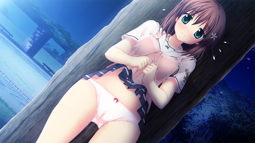 akizuki_tsukasa aqua brown_hair cameltoe game_cg nonomiya_chisa panties short_hair skirt_lift underwear