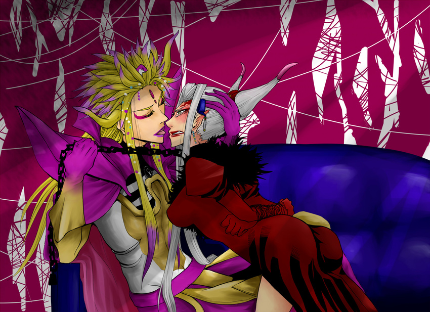 1boy 1girl angry armor arms_behind arms_behind_back ass bdsm blonde_hair blush bondage bound cape chains clenched_teeth couple dissidia_final_fantasy dress embarrassed emperor_(ff2) emperor_mateus emperor_palamecia eyes_closed female final_fantasy final_fantasy_ii final_fantasy_viii forced_kiss gloves gradient_hair grey_hair gritted_teeth highres horns incipient_kiss kitsuki_(chaotic-v) kitsuki_(pixiv1737079) leash leash_pull lipstick long_hair makeup male multicolored_hair pointy_ears purple_hair restrained sitting skin_tight slave tears teeth ultimecia very_long_hair