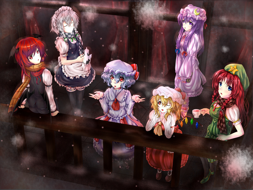 bat_wings flandre_scarlet head_wings highres hong_meiling izayoi_sakuya koakuma long_hair multiple_girls patchouli_knowledge remilia_scarlet scarf short_hair takenaka_noa touhou wings