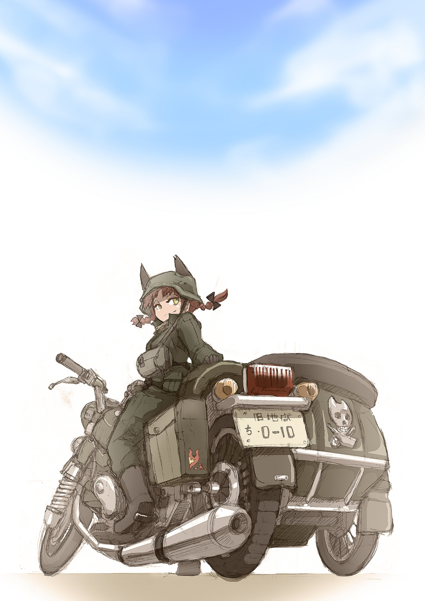 absurdres animal_ears braid cat_ears contemporary extra_ears ground_vehicle highres kaenbyou_rin motor_vehicle motorcycle red_hair short_hair solo sonjow4 touhou twin_braids twintails yellow_eyes
