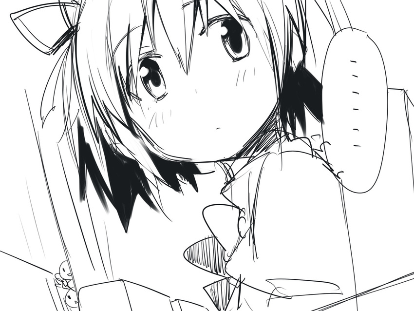 3girls akemi_homura blush comic greyscale kaname_madoka kusano_houki looking_at_viewer mahou_shoujo_madoka_magica monochrome multiple_girls short_twintails simple_background spoken_ellipsis tomoe_mami twintails white_background