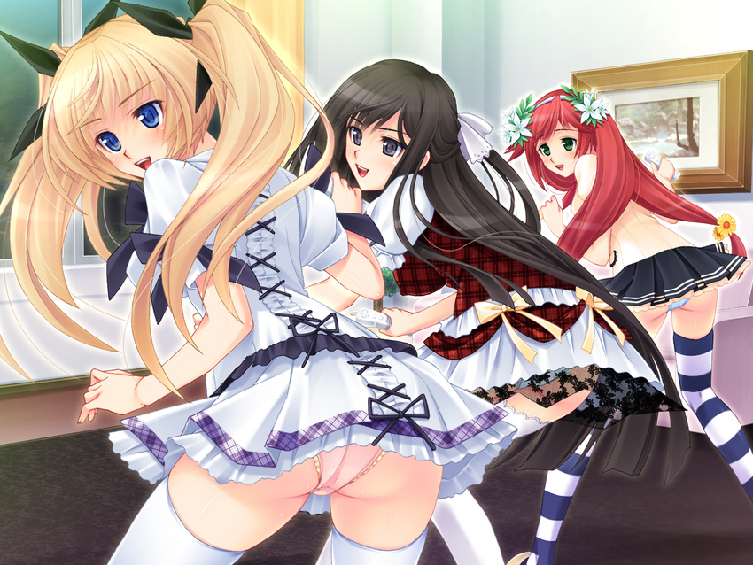 3girls aisaka_tsugumi black_hair blonde_hair fusataka_shikibu game_cg nonoyama_kotoko panties red_hair renai_saimin tendou_chizuru thighhighs underwear