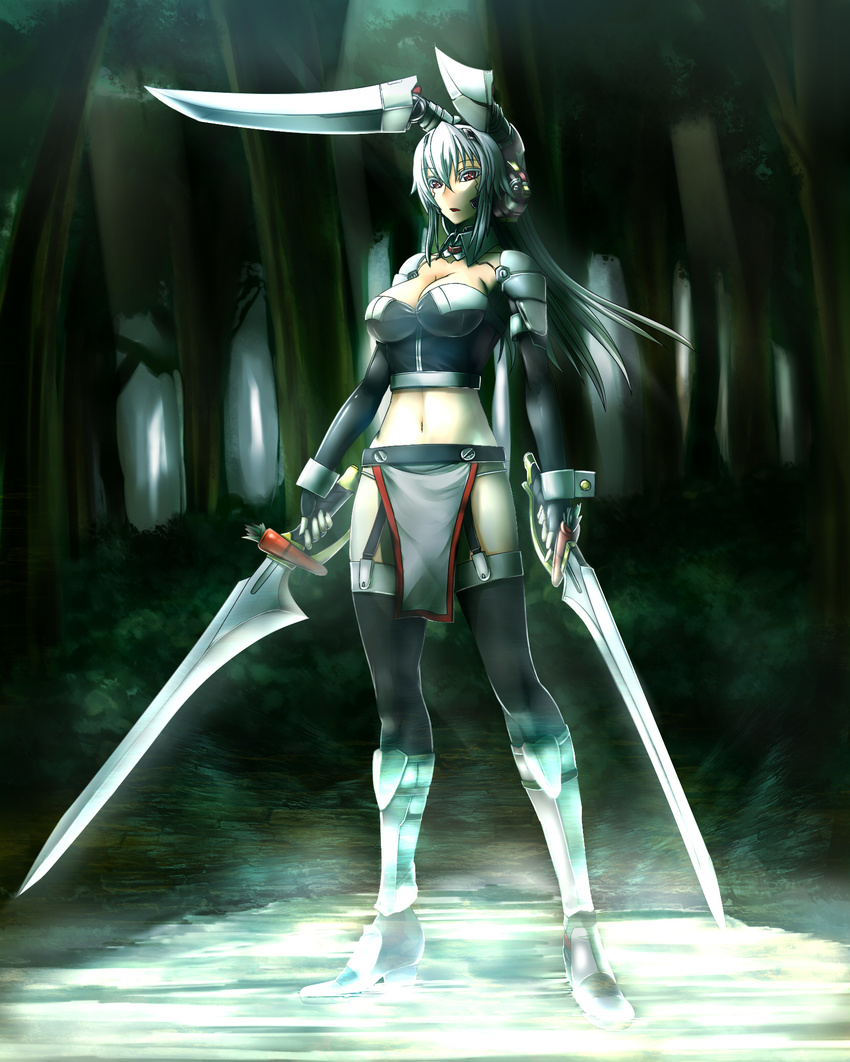 android breasts carrot highres loincloth medium_breasts midriff navel original red_eyes robot_ears solo sorono sword thighhighs weapon white_hair