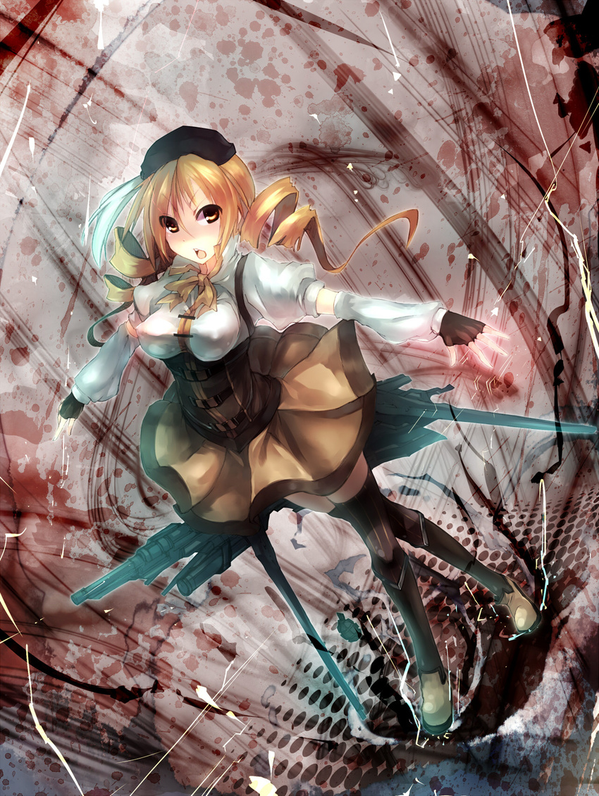 arm_warmers beret blonde_hair boots breasts brown_eyes brown_legwear corset covered_nipples crossed_legs detached_sleeves drill_hair fingerless_gloves gloves gun hair_ornament hairpin hat highres magical_girl magical_musket mahou_shoujo_madoka_magica mamuru medium_breasts open_mouth outstretched_arms pleated_skirt puffy_sleeves ribbon rifle see-through skirt solo standing striped striped_legwear thighhighs tomoe_mami twin_drills twintails vertical-striped_legwear vertical_stripes weapon witch's_labyrinth zettai_ryouiki