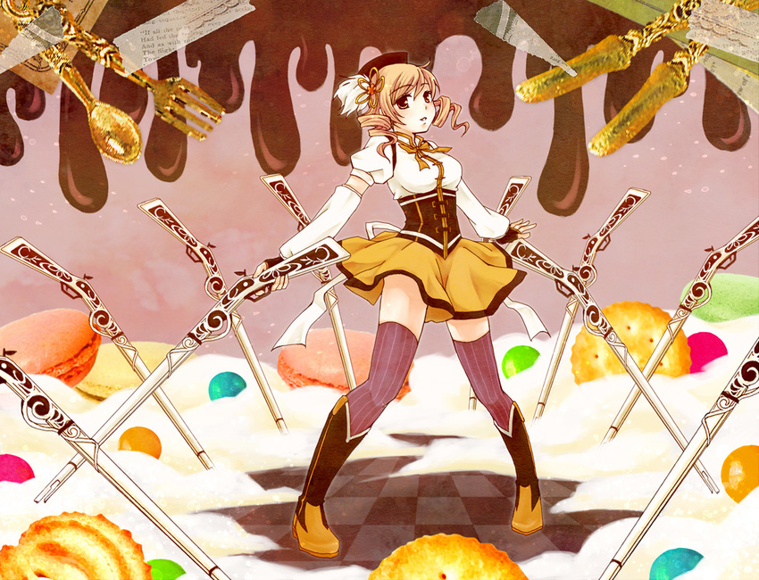 bad_id bad_pixiv_id beret blonde_hair boots breasts candy checkered checkered_floor cookie corset detached_sleeves drill_hair dual_wielding fingerless_gloves food fork gloves gun hair_ornament hat holding icing knife magical_girl magical_musket mahou_shoujo_madoka_magica medium_breasts omayu ornate pleated_skirt puffy_sleeves rifle skirt solo spoon thighhighs tomoe_mami weapon witch_hat yellow_eyes zettai_ryouiki