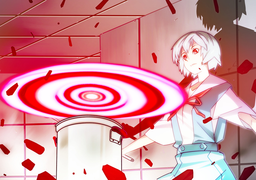 albino at_field ayanami_rei bangs blue_hair blue_skirt breasts ceiling cooking evangelion:_2.0_you_can_(not)_advance eyelashes floating glowing highres holding indoors levitation long_sleeves neon_genesis_evangelion outstretched_arms pale_skin rebuild_of_evangelion red_eyes red_ribbon ribbon rubble school_uniform shadow short_hair skirt small_breasts solo spiral tile_ceiling tile_wall tiles tsurukame_(doku) upper_body wall