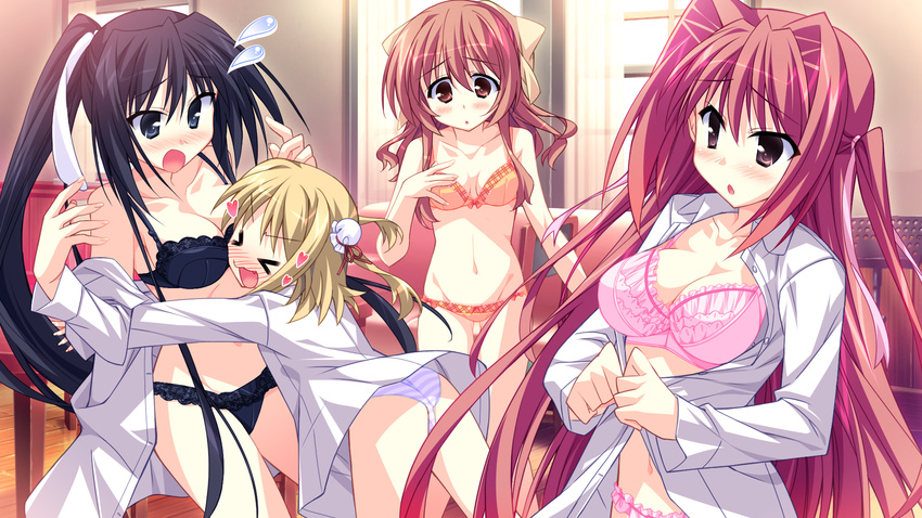 blush bra cleavage game_cg hinata_mutsuki izumi_kyouka kouda_hazumi matsuoka_kanade natsume_otona open_shirt panties skyfish striped_panties tagme underwear yotsuiro_passionato!