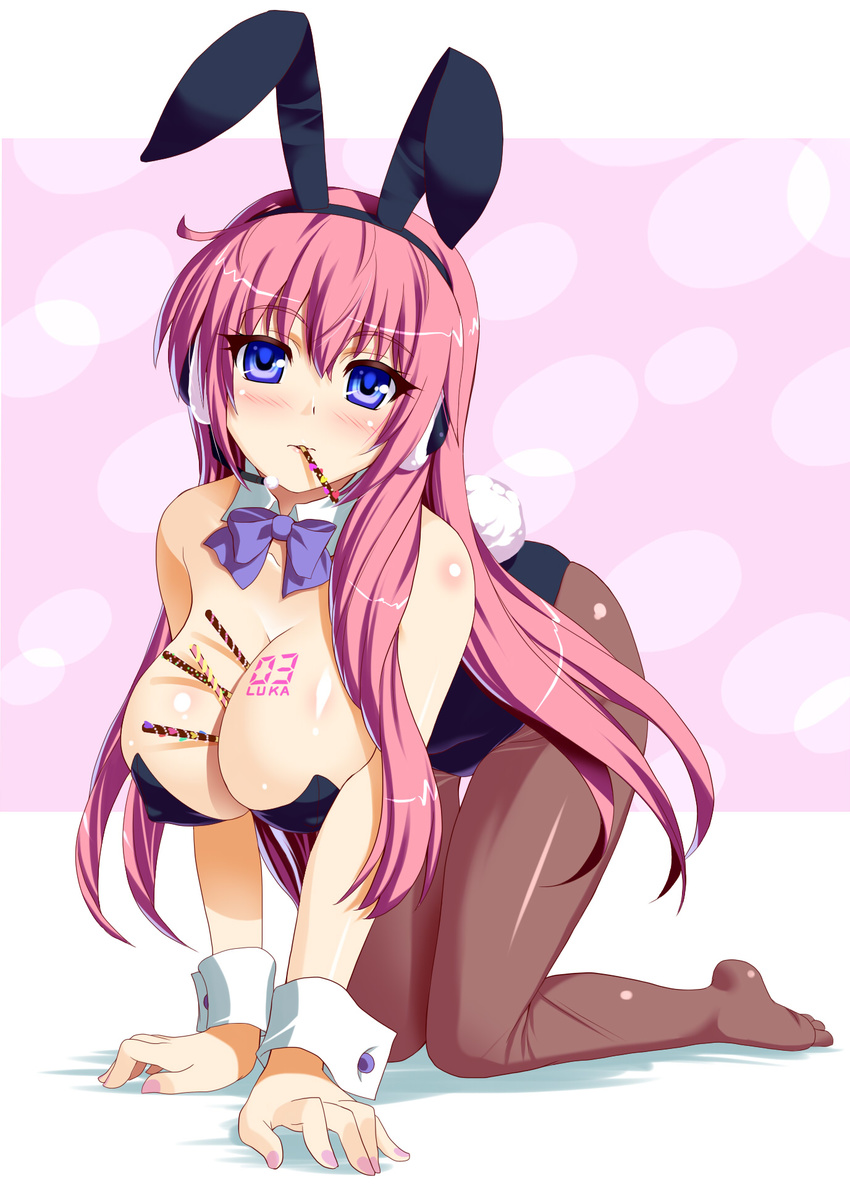 all_fours animal_ears bare_shoulders between_breasts blush body_blush breasts bunny_ears bunny_girl bunnysuit cleavage food highres kawase_seiki large_breasts long_hair looking_at_viewer megurine_luka mouth_hold nail_polish pantyhose pink_hair pocky solo tattoo vocaloid wrist_cuffs