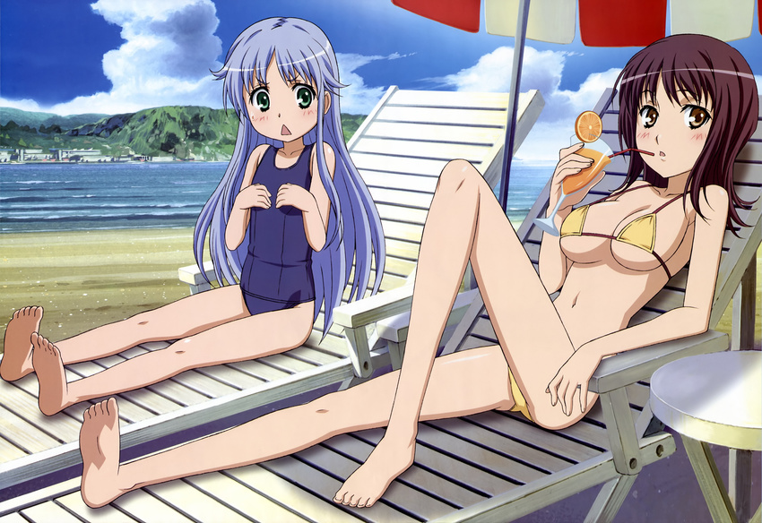 :&lt; :o absurdres barefoot beach beach_umbrella bikini black_hair blue_hair blush breast_envy breasts chair cityscape cleavage cloud day drink drinking_straw embarrassed feet flat_chest food fruit green_eyes highres index itsuwa large_breasts leg_up legs long_hair long_legs lounge_chair lying micro_bikini mountain multiple_girls navel nyantype official_art one-piece_swimsuit open_mouth orange outdoors parasol reclining scan school_swimsuit shinohara_kenji short_hair sitting sky soles swimsuit table thighs to_aru_majutsu_no_index tropical_drink umbrella underboob very_long_hair water yellow_eyes