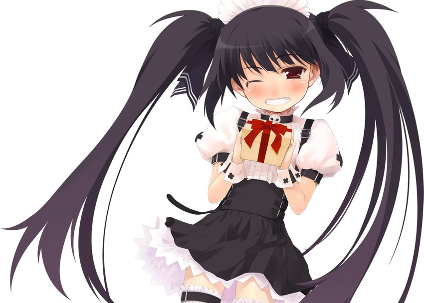 black_hair blush frilled_legwear frills garters gift hair_ribbon hairband holding holding_gift kooh long_hair official_art one_eye_closed pangya red_eyes ribbon smile solo thighhighs twintails wrist_cuffs