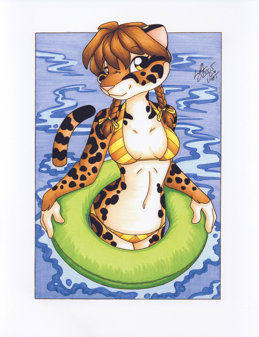2005 bikini cheetah feline female hi_res inner_tube looking_at_viewer michele_light rubber_ring skimpy solo swimsuit water
