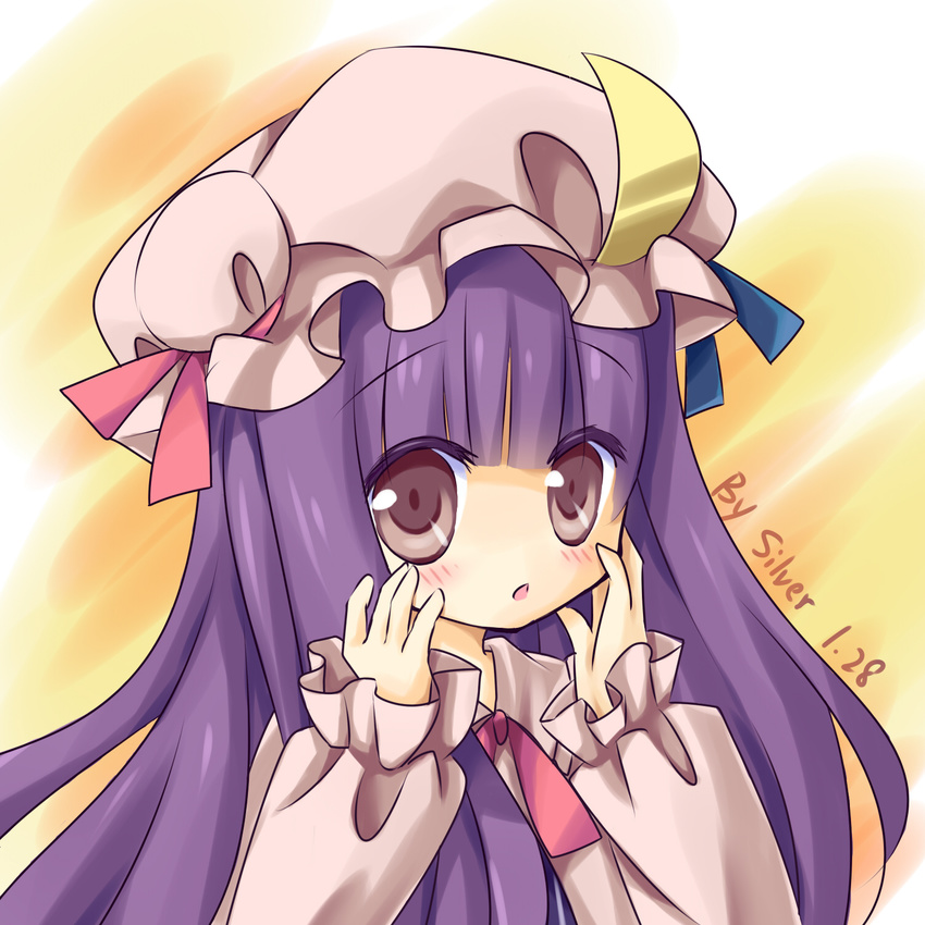 blush crescent hands_on_own_face hat highres long_hair no_nose open_mouth patchouli_knowledge portrait purple_eyes purple_hair ribbon signature silver15 solo touhou