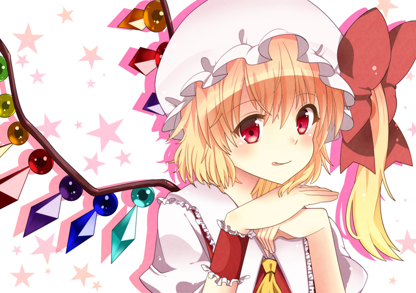 bad_id bad_pixiv_id bajinappo blonde_hair bow crystal face flandre_scarlet hands hat hat_bow red_eyes side_ponytail smile solo touhou wings wrist_cuffs