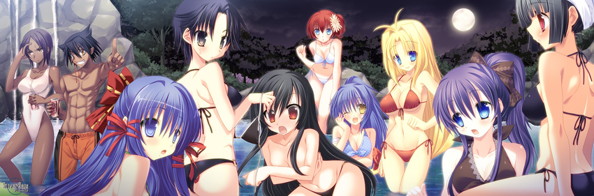 1boy 6+girls aqua_eyes bikini black_eyes black_hair blonde_hair blood blue_eyes blue_hair breasts brown_eyes can cola dark_skin drink flower hair_flower hair_ornament highres long_hair mixed_bathing multiple_girls muscle nosebleed onsen ponytail purple_hair red_eyes red_hair short_hair silver_rain smile swimsuit tajima_yoshikazu very_long_hair water wink yellow_eyes