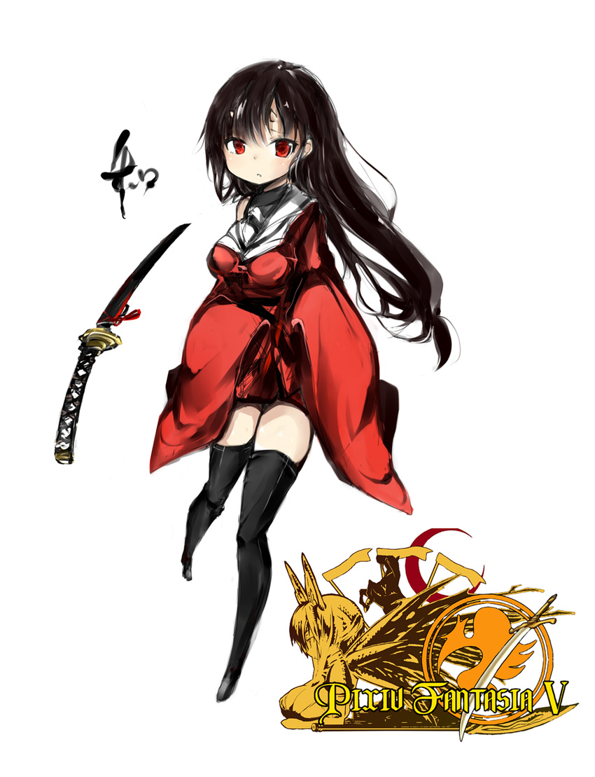 black_hair black_legwear highres katana kotatu_(akaki01aoki00) pixiv_fantasia pixiv_fantasia_5 red_eyes simple_background solo sword thighhighs weapon zettai_ryouiki