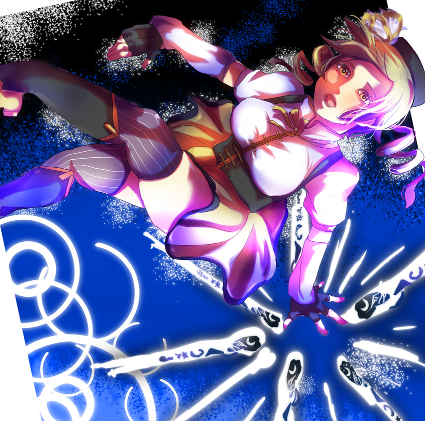beret blonde_hair boots breasts detached_sleeves drill_hair fingerless_gloves gloves gun hair_ornament hat large_breasts magical_girl magical_musket mahou_shoujo_madoka_magica okotakotakota open_mouth pleated_skirt puffy_sleeves rifle shirt skindentation skirt solo taut_clothes taut_shirt thighhighs tomoe_mami weapon yellow_eyes