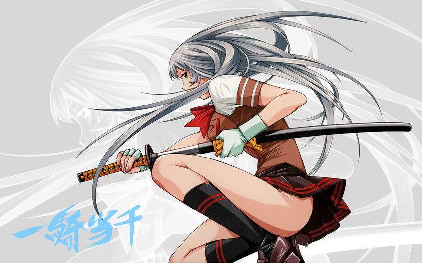 chouun_shiryuu gloves gray_hair ikkitousen long_hair seifuku sword weapon