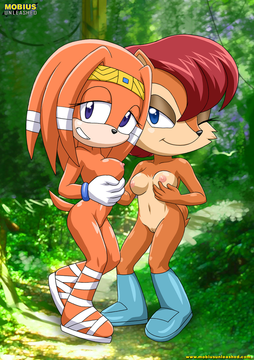 breasts echidna female forest lesbian looking_at_viewer mobian mobius_unleashed nude pussy rodent sally_acorn sega smile sonic_(series) squirrel standing tikal_the_echidna tree