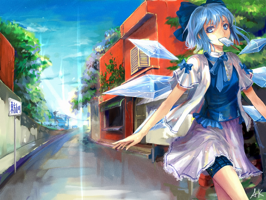 alternate_costume cirno contemporary faux_traditional_media food mouth_hold popsicle solo touhou town xiezhua_(amyoy)