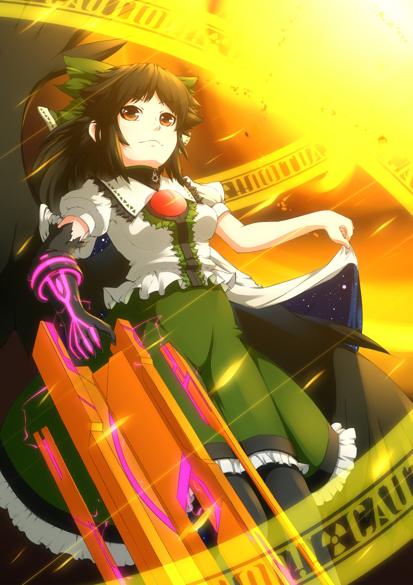 absurdres alternate_weapon arm_cannon black_hair black_wings bow cape elbow_gloves from_below gloves hair_bow highres hullzion long_hair red_eyes reiuji_utsuho revision single_glove solo third_eye touhou weapon wings