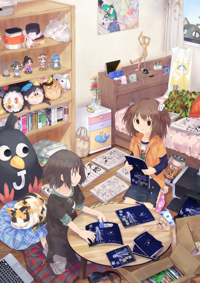 absurdres apple_inc. atelier_(series) atelier_totori bed bedroom book calico camouflage cat chabudai_(table) chargeman_ken! charlotte_(madoka_magica) computer crossover cushion drawer elysia_de_lute_ima fail_whale figure from_above gestalta gojou_masaru haou_airen hat headphones highres ikamusume ikea inazuma_eleven inazuma_eleven_(series) indoors interior kami_nomi_zo_shiru_sekai kirisame_marisa kuroba_u kyubey laptop macintosh mahou_shoujo_madoka_magica manga_(object) mannequin meme mini_hat mini_top_hat multiple_girls nendoroid original parody pillow plaid printer room seiza shinryaku!_ikamusume sitting table top_hat totooria_helmold touhou whale window yukkuri_shiteitte_ne zabuton