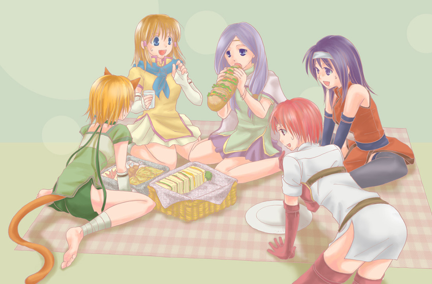 animal_ears armor barefoot blush cape cat_ears eating elbow_gloves fire_emblem fire_emblem:_souen_no_kiseki food gloves hairband ilyana lethe long_hair low-tied_long_hair marcia mist_(fire_emblem) multiple_girls orange_hair picnic purple_eyes purple_hair sandwich short_hair sitting suzuki_furansowa thighhighs wayu_(fire_emblem)