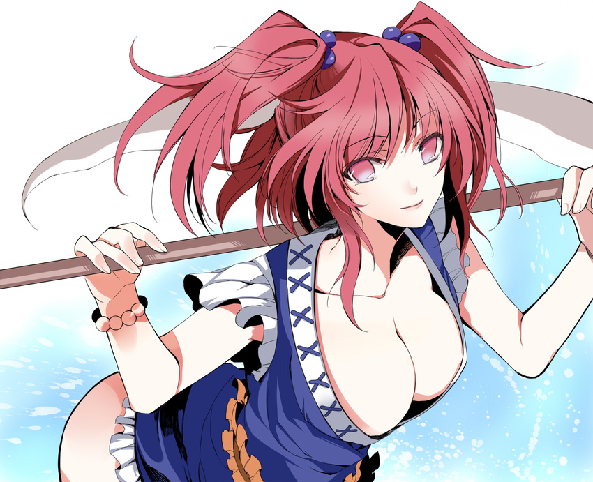 atoshi bottomless breasts cleavage hair_bobbles hair_ornament highres large_breasts leaning_forward md5_mismatch no_bra onozuka_komachi over_shoulder pink_hair red_eyes scythe short_hair solo touhou two_side_up weapon weapon_over_shoulder