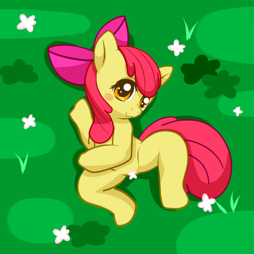 :3 amber_eyes apple_bloom apple_bloom_(mlp) blush bow cub cute equine female feral flower friendship_is_magic fur grass green_eyes hair horse looking_at_viewer lying mammal maverick my_little_pony on_back outside pony red_hair smile solo spreading yellow_eyes yellow_fur young