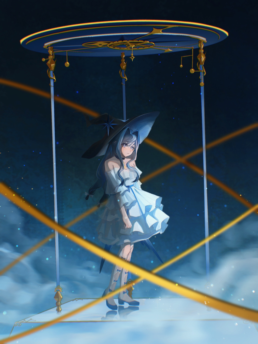 1girl absurdres alternate_costume argyle argyle_cutout arknights astesia_(arknights) bare_shoulders blue_eyes blue_hair bow clothing_cutout cloud dress expressionless frilled_dress frills from_side full_body gears high_heels highres mianshuang orbital_ring orrery sky solo standing star_(sky) starry_sky white_dress