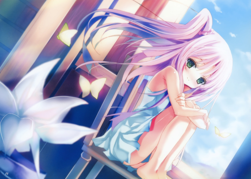 1girl absurdres barefoot butterfly chair copyright_request dress flower green_eyes highres leg_hug lily_(flower) shino_(eefy) sitting smile solo sundress