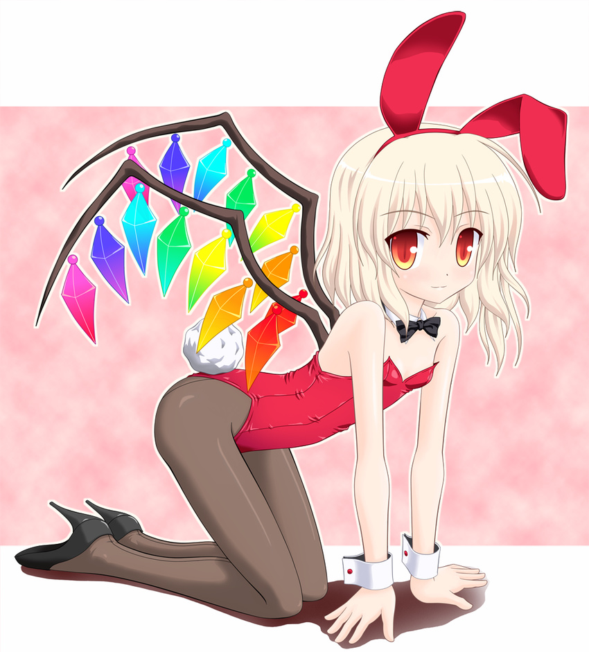 all_fours animal_ears black_legwear blonde_hair blush bunny_ears bunny_tail bunnysuit flandre_scarlet flat_chest high_heels highres noveske_n4 pantyhose shoes solo tail touhou wings wrist_cuffs