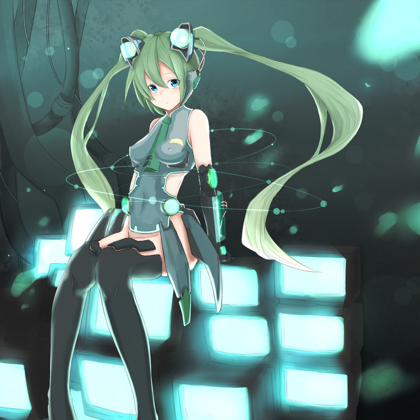 aqua_eyes breasts covered_nipples green_hair hatsune_miku highres hope_yakisoba long_hair monitor necktie no_panties no_pants sitting small_breasts solo thighhighs twintails vocaloid