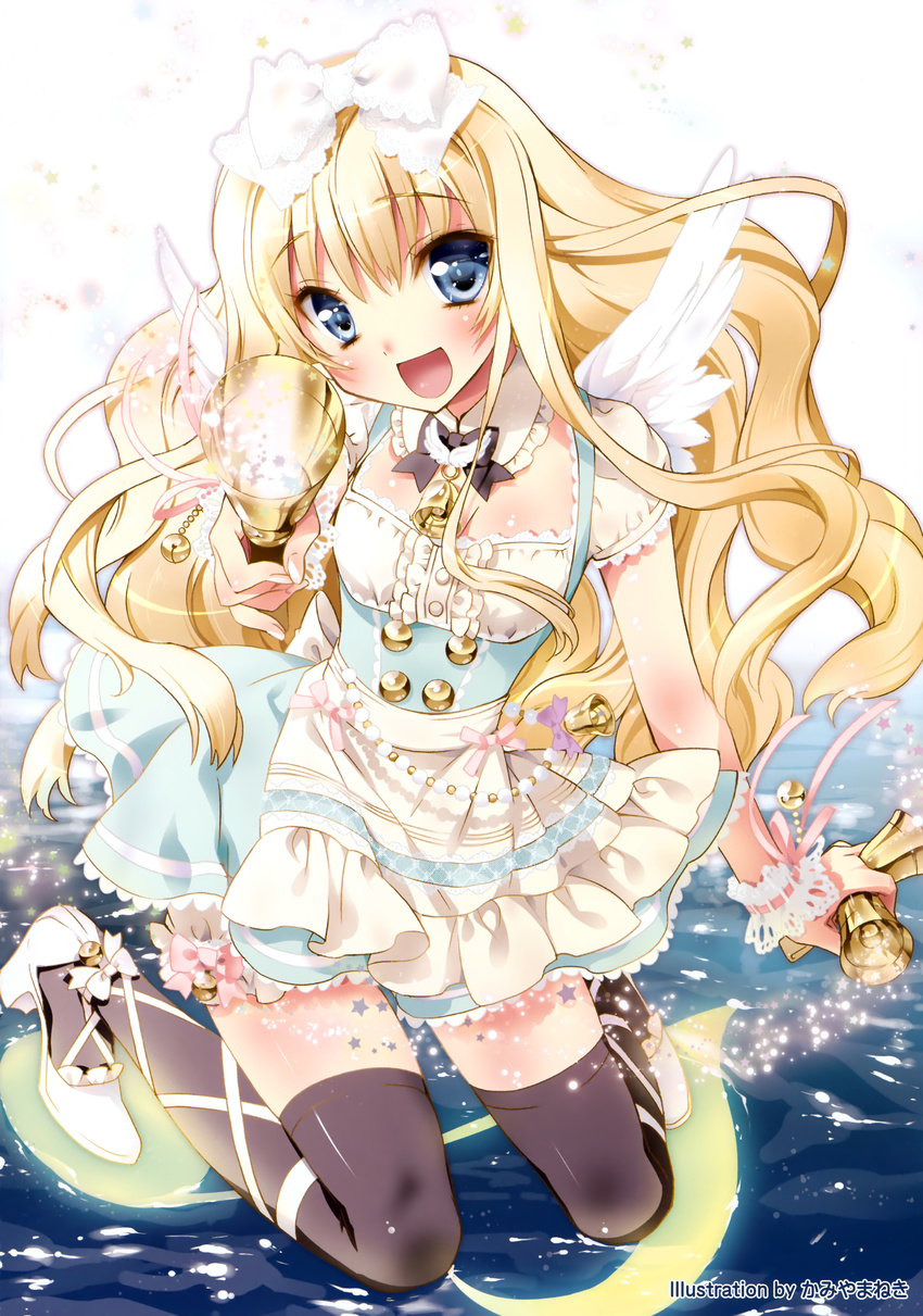 :d absurdres angel_wings ankle_lace-up bell black_legwear blonde_hair blue_eyes blush body_blush bow cross-laced_footwear hair_bow highres jewelry kamiya_maneki long_hair looking_at_viewer necklace open_mouth original pearl_necklace skirt smile solo thighhighs water wings