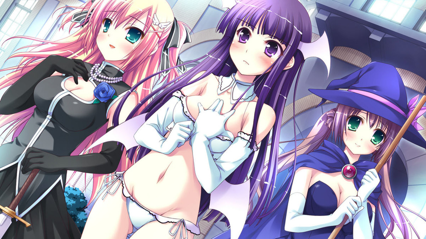 3girls blush breasts cleavage cosplay multiple_girls smile staff sword weapon