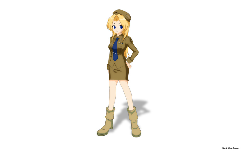 1440x900 blonde_hair blue_eyes boots character_request cynthia_greenville female formal gradient gradient_background hand_on_hip hands_on_hip hips long_hair metal_slug military military_uniform necktie shadow simple_background skirt snk solo uniform wallpaper white_background