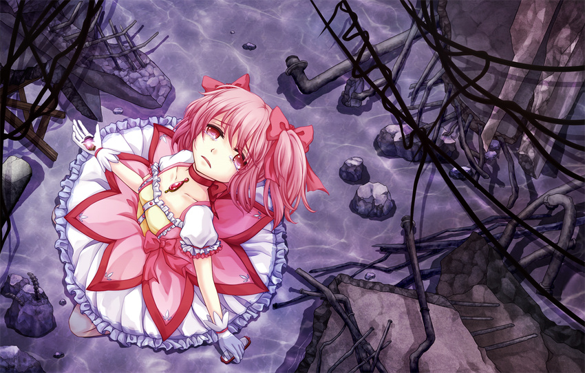 amber_(nickynike) bad_id bad_pixiv_id choker from_above gloves kaname_madoka looking_up magical_girl mahou_shoujo_madoka_magica pink_eyes pink_hair puffy_sleeves red_choker rubble short_hair solo soul_gem tears twintails water white_gloves