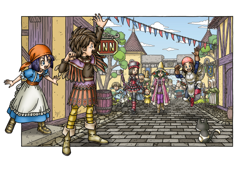 6+boys armor bandana boots cat dragon_quest dragon_quest_ix gloves hat hero_(dq9) multiple_boys multiple_girls official_art rikka_(dq9) sett staff toriyama_akira town