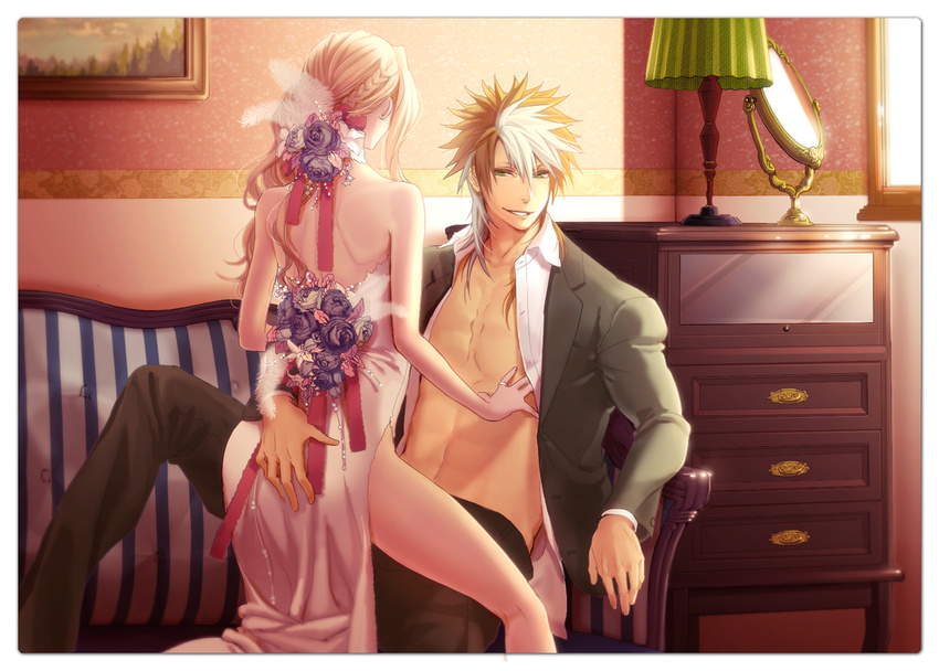 1girl backless_outfit bare_back bare_shoulders blonde_hair couple flower from_behind hand_on_ass hetero mirror multicolored_hair open_clothes open_shirt original purple_flower purple_rose room rose shirt sitting thighs two-tone_hair white_flower white_rose yamada_rokkaku